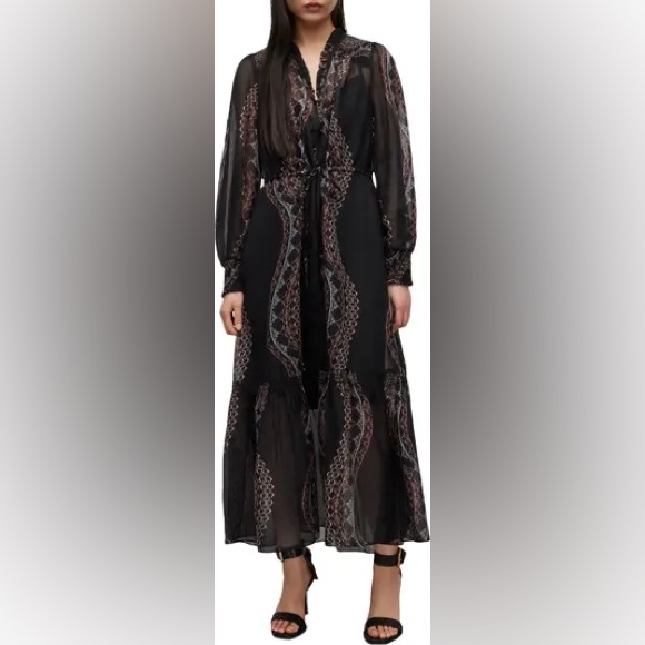 ALLSAINTS Black Printed Long Sleeve Tie-Waist Maxi Dress - Picture 2 of 4